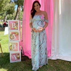 BEAUTIFUL Cherry blossom mint green and pink bandeau drop sleeve maxi dress!